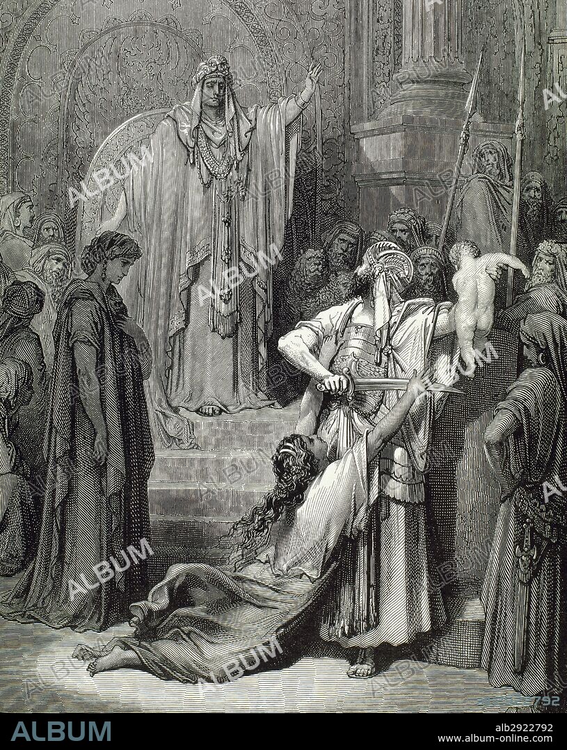 PAUL GUSTAVE DORÉ. SALOMON. Rey de Israel (h. -970 a h. -933), hijo de David. Escena del JUICIO DE SALOMON. Grabado por Gustave DORE.