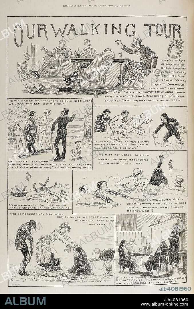Our walking tour'. A comical story in the form of cartoons on the subject of a walking / hiking/ rambing / trip by four men and a dog to a place named 'Gummidge'. (see file M00007-51 for the second page). Illustrated London News. September 27, 1884. Source: P.P.7611volume 85, page 300.