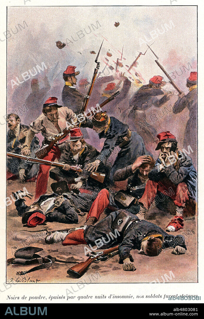 Noirs de poudre, epuises par quatre nuits d'insomnie, nos soldats furent stoiques a la bataille de Mazagran le 4 fevrier 1840. Illustration de 1897 par Julien LE BLANT (1851-1936) pour Au drapeau! de Maurice LOIR (1852-1924). Credit : Collection Jonas/Kharbine-Tapabor.