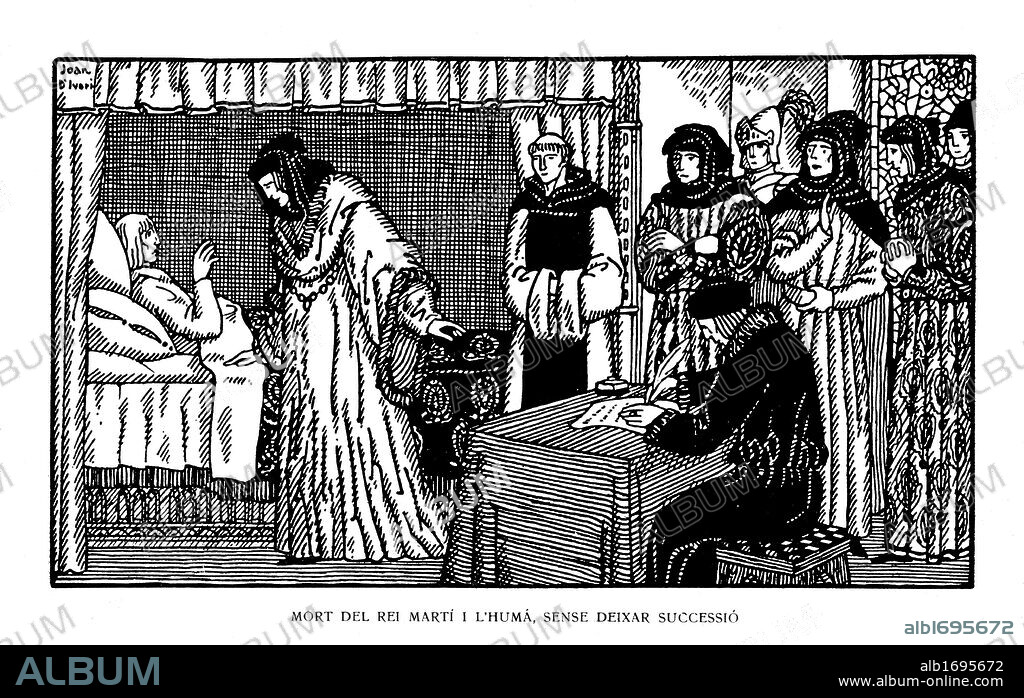 Muerte del rey Martí el Humano, en 1410, sin dejar descendencia. Historia popular de Catalunya, de Alfons Roure. Editada en Barcelona, 1919. Dibujo de Joan Vila i Pujol (Joan d'Ivori) (Barcelona, 1890-1947).
