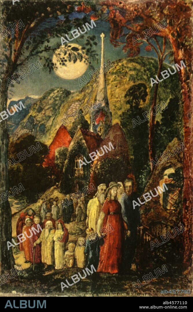 SAMUEL PALMER. 'Coming from Evening Church', 1830, (1947). Congregation leaving an Evensong service in Shoreham, Kent, with full moon above the church. Painting in the Tate Gallery, London. From "English Hymns and Hymn Writers", by Adam Fox. [Collins, London, 1947].