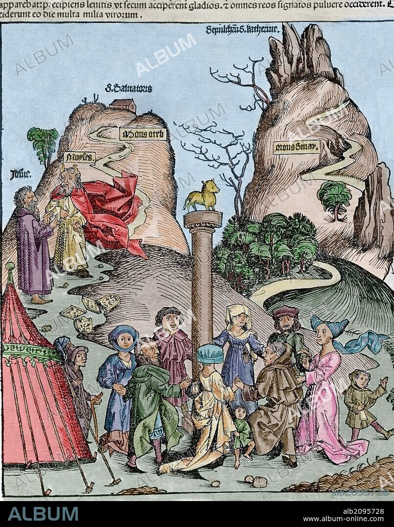 The Nuremberg Chronicle (Liber Chronicarum) by Hartmann Schedel. 1493. IllustratorMichael Wolgemut and Wilhelm Pleydenwurff. Language: Latin, German. Engraving. The Adoration of the Golden Calft by the israelitas. Moses went down from the mount Sinai, but upon seeing the calf, he became angry and threw down the two Tablets of Stone. Latin edition. Episcopal Library.  Barcelona. Spain. Colored.