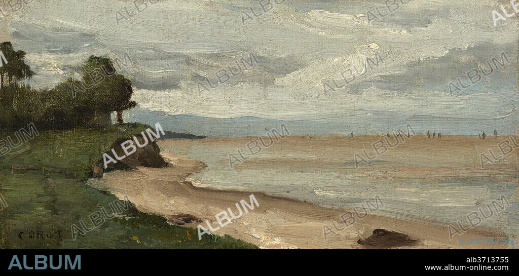 JEAN BAPTISTE CAMILLE COROT. Beach near Etretat. Dated: c. 1872. Dimensions: overall: 12.3 x 25.5 cm (4 13/16 x 10 1/16 in.)  framed: 25.4 x 38.1 x 3.2 cm (10 x 15 x 1 1/4 in.). Medium: oil on canvas.