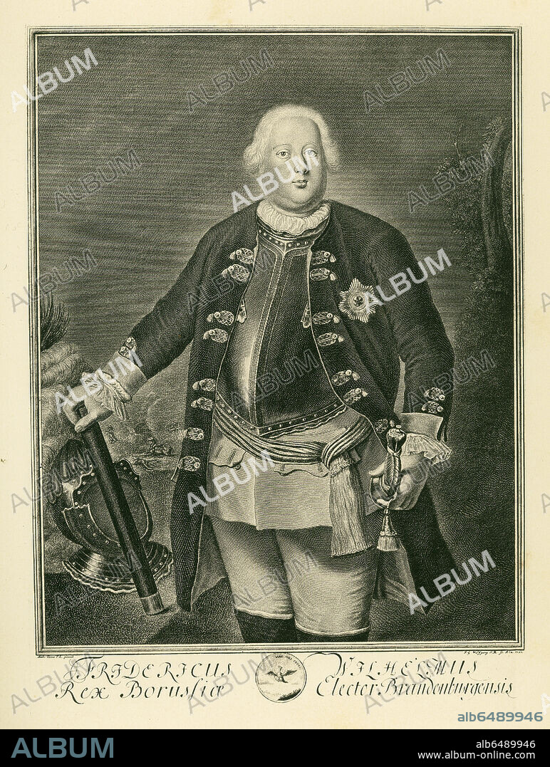 Friedrich Wilhelm I, King of Prussia and Elector of Brandenburg (as Friedrich Wilhelm II) (1688-1740). 
Phototype from "Allgemeines Historisches Porträtwerk" (historical portraits), a collection of 600 portraits of the most famous persons of all cultures and origis since 1300. Volume one: dukes and popes. Munich, 1884. Verlagsanstalt fuer Kunst und Wissenschaft, vormals Friedrich Bruckmann.