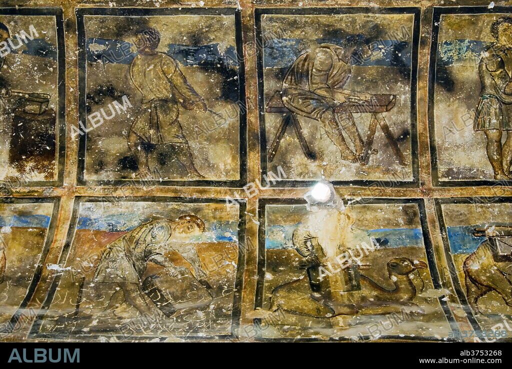 Fresco, Qasr Amra (Quseir Amra), Ummayad Hunting Pavilion, UNESCO World Heritage Site, Jordan, Middle East.