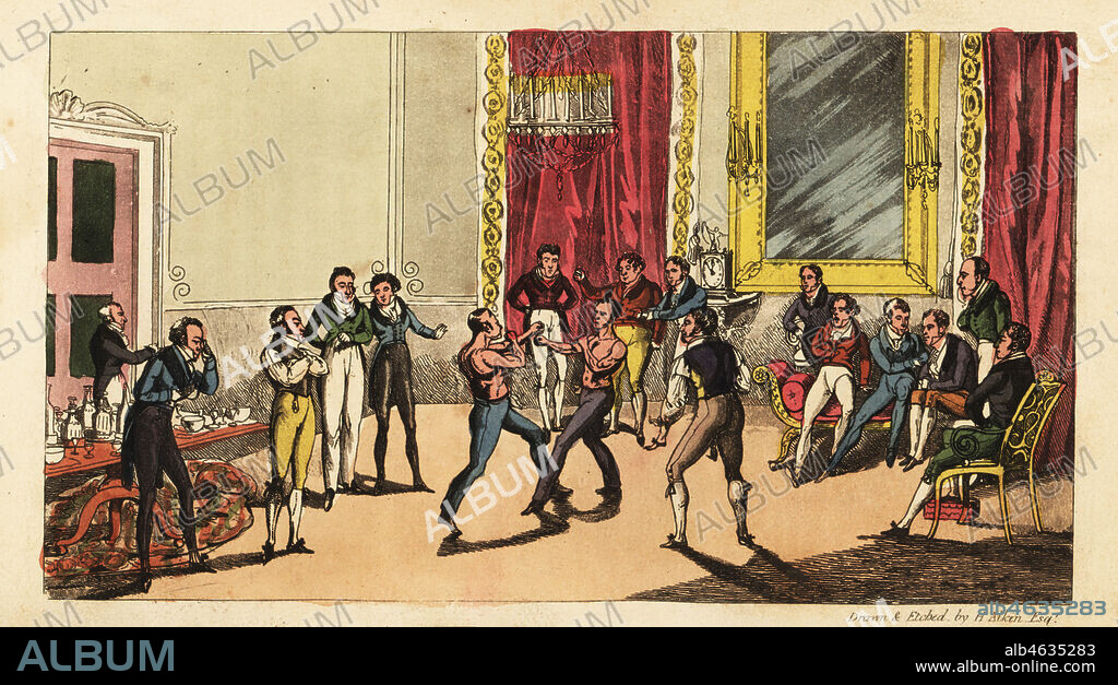 Regency dandies watching a bare-knuckle boxing match in a stately home. Two prize-fighters square off at a party held by George Hay, Marquis of Tweeddale. A Private Turn-Up in the Drawing Room of a Noble Marquis. Handcoloured copperplate engraving after an illustration by Henry Alken from Real Life in London, or, the Further Rambles and Adventures of Bob Tallyho, Esq. and His Cousin The Hon. Tom Dashall, through the Metropolis, Jones, London 1821. Anonymous imitation of Pierce Egans Life in London.