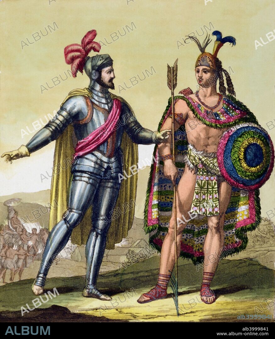 The encounter between Hernando Cortes and Montezuma II, Mexico, 1519 (c1820-1839). Cortes (1485-1547) was the Spanish conquistador who conquered Mexico and overthrew the Aztec Empire ruled by Montezuma. Landing in Mexico in 1519, with a force of only some 600 men, Cortes succeeded in overthrowing the empire of the Aztecs, a civilization numbering 5 million. He was able to achieve this partly due to the natives being terrified of the Europeans' horses and firearms, neither of which they had seen before. In addition, the Aztecs believed a prophecy that they would be visited by a light-skinned bearded god, the Quetzalcoatl, who had taught them agriculture and government in the past, and whose return they were to welcome with great ceremony. Cortes was able to exploit his resemblance to the Quetzalcoatl to great effect. Montezuma died whilst in Spanish captivity and the Aztec Empire ended with him. Plate 63 from Le Costume Ancien et Moderne, Volume I, by Jules Ferrario.