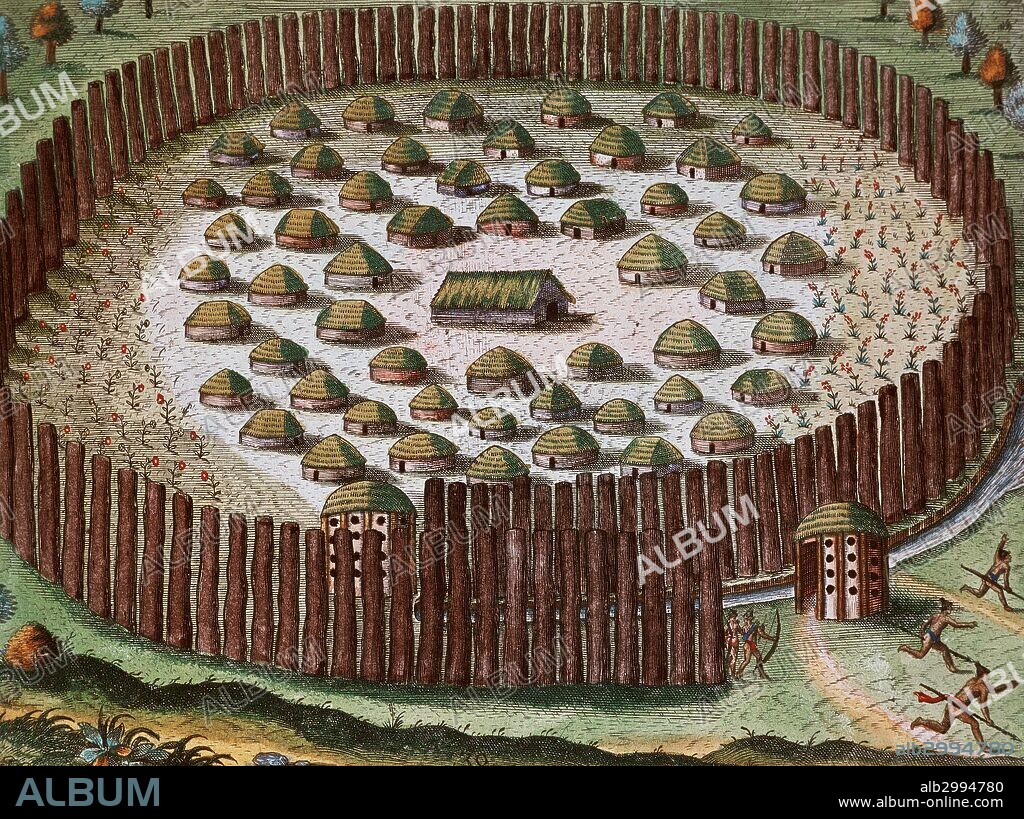 Native American people (North Central of Florida). The Timucua village. Illustration based on Jacques le Moyne's drawings, french artist and member of Jean Rebault's expedition(16th century). Autor Theodor de Bry (1528-1598), engraver and editor. Frankfurt, 1591.