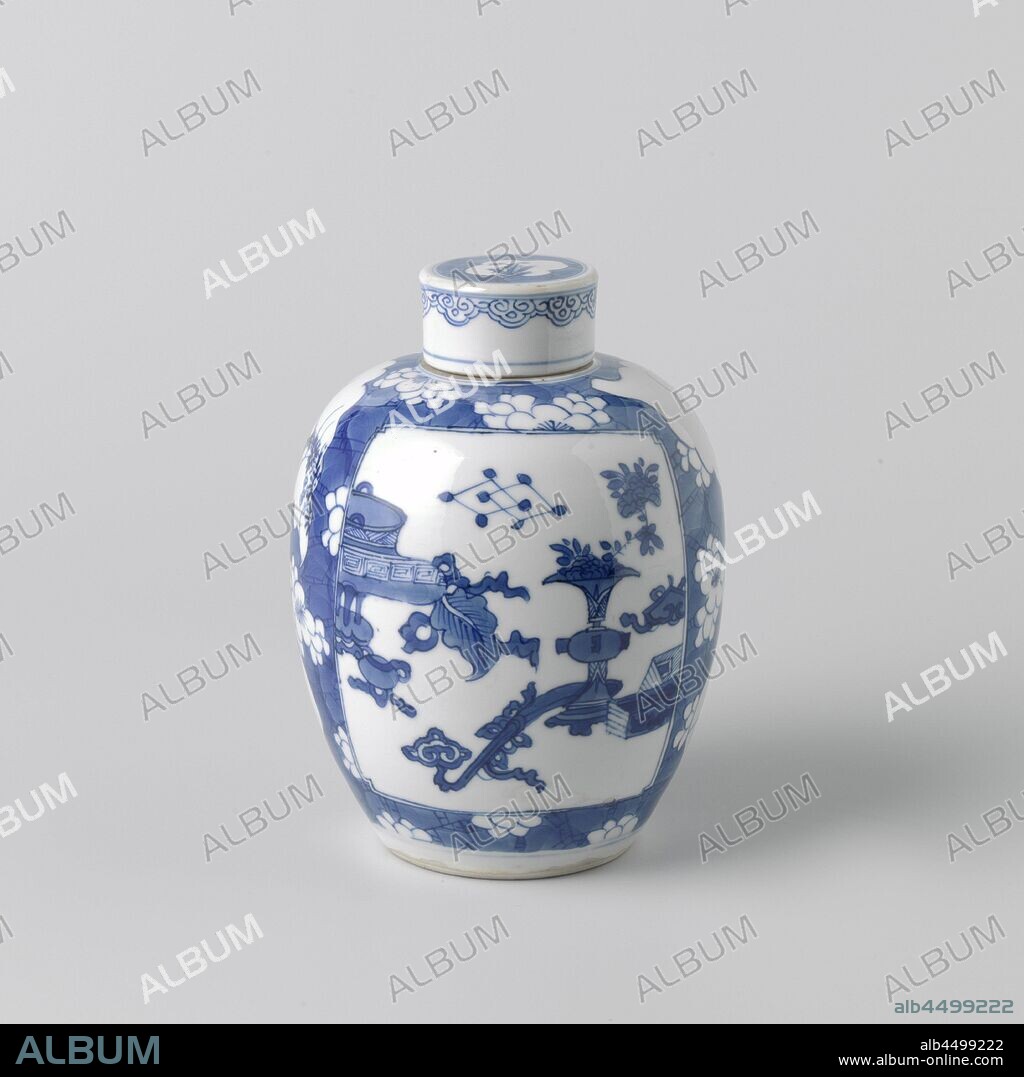 Ovoid covered jar with peach blossoms on cracked ice and antiquities, Egg-shaped porcelain covered pot, painted in underglaze blue. The body is covered with recessed peach blossoms (prunus) against a background of 'crackled ice'. On it two cartouches with valuables (artemisia leaf, mint, pearl) and antiques (flower vase, incense burner, ruyi scepter, tripod, packaged qin, lotusrank). The lid with a recessed, lobed cartouche with a flowering plant against a background of 'crackled ice'. The border with a band of ruyi motifs. Blue and white, Jean Theodore Royer, anonymous, China, c. 1680 - c. 1720, Qing-dynasty (1644-1912) / Kangxi-period (1662-1722), porcelain (material), glaze, cobalt (mineral), vitrification, h 17 cm × d 12 cm.