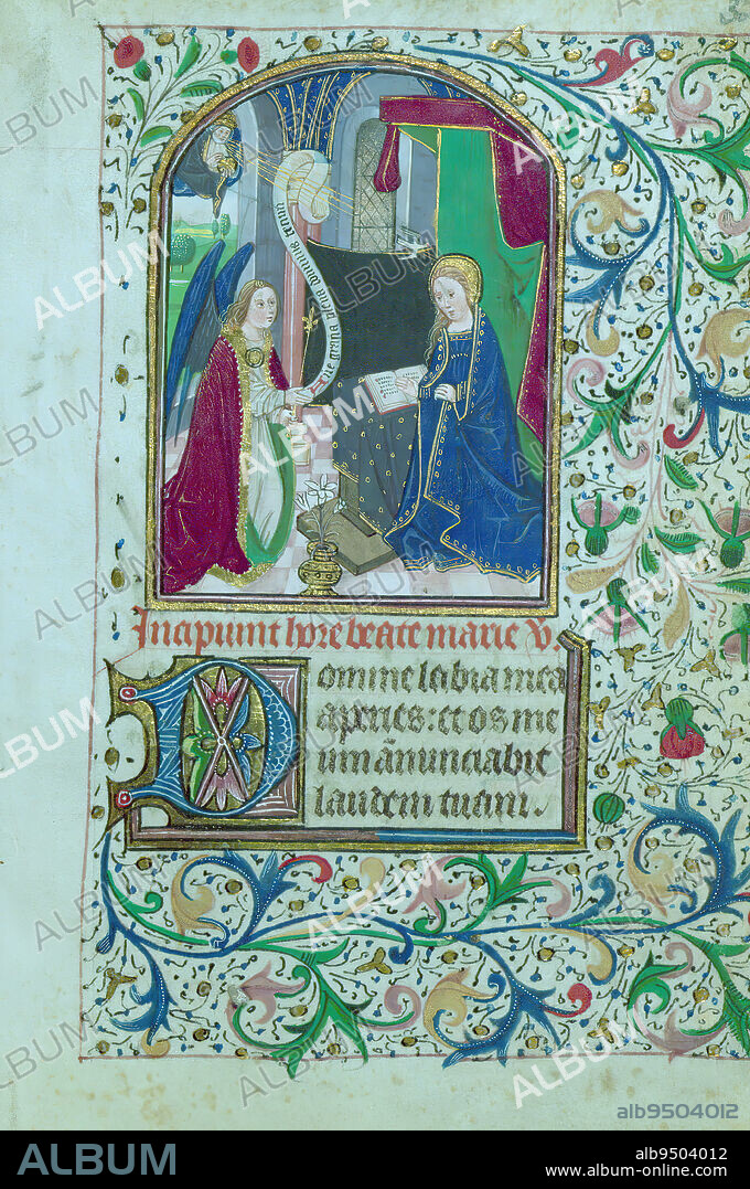 Book of Hours, Annunciation, This Book of Hours was created ca. 1470 in Bruges by a follower of Willem Vrelant. The manuscript contains eleven extant large miniatures and one small miniature, which are representative of the standard style established by Willem Vrelant. Collects following the Office of the Dead are for a mother, father, deceased male, and a female suppliant, which offers insight into the book's use.