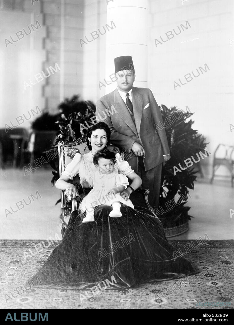 Princess Ferial with King Farouk and Queen Farida, c. 1940. Farouk I of Egypt (1920 – 1965) tenth ruler from the Muhammad Ali Dynasty and the penultimate King of Egypt and the Sudan, succeeding his father, Fuad I of Egypt, in 1937.