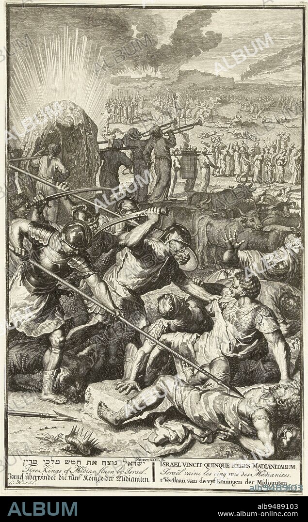Battle against the Midianites, Balthasar Bernards, after Gerard Hoet (I), 1720 - 1728, The Israelites defeat the Midianites. View of the battlefield, in the background a burning city., print maker: Balthasar Bernards, (mentioned on object), intermediary draughtsman: Gerard Hoet (I), (mentioned on object), Amsterdam, 1720 - 1728, paper, engraving, h 352 mm × w 215 mm.