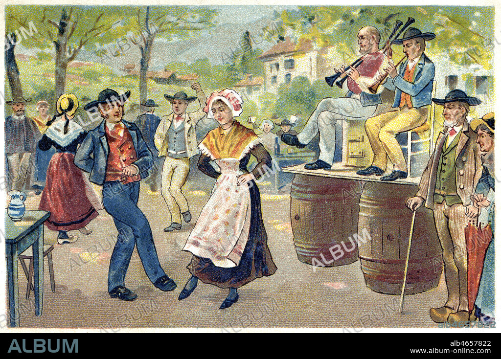 Vieilles Coutumes - AUVERGNE - Fete de Saint-Jean, La Bourree. Chromo Chocolat-Louis, vers 1900-1910. Credit Collection Kharbine Tapabor.