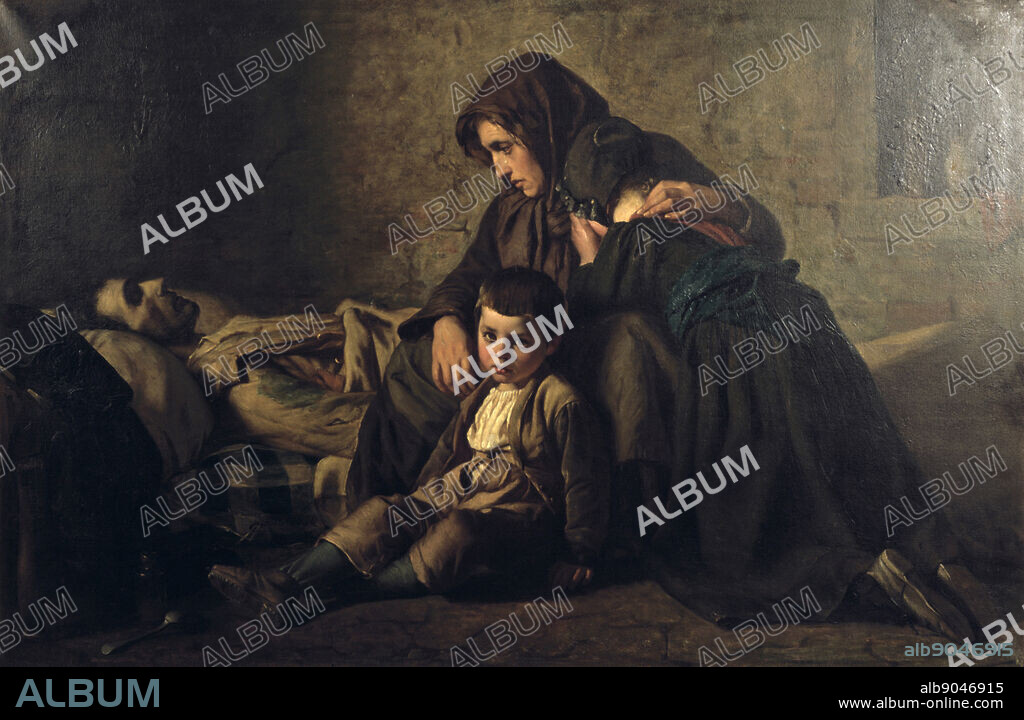 The Poor Man's Death' c1850s. Jean Pierre Alexandre Antigna (1817-1878) French Realist painter. Body of pauper lies a mattress on the floor, his grieving widow and children huddle together beside him.