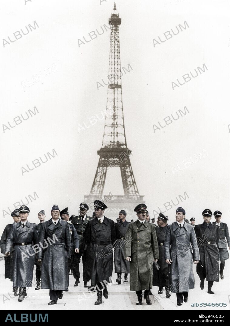 Greeks fight Persians, the Alexander Sarcophagus, Sidon, 4th century BC, (20th century). The Alexander Sarcophagus is a late 4th century BC Hellenistic stone sarcophagus adorned with bas-relief carvings of < Name not Found! > and his wars, held in the  Archaeological Museum, Istanbul. (Colorised black and white print).Adolf Hitler, German Nazi dictator, inspecting occupied Paris, France, 1940. Paris fell to the Germans on 14th June 1940. (Colorised black and white print). (Colorised black and white print).