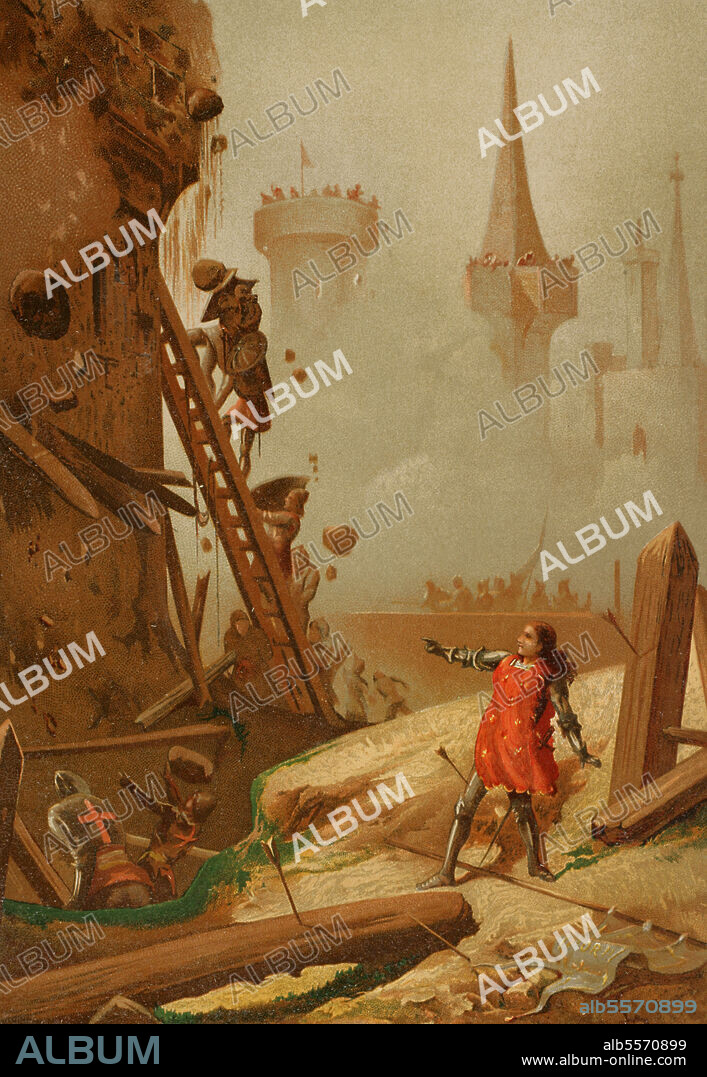 Saint Joan of Arc (1412-1431), so-called the Maid of Orleans. French heroine. Beatified in 1909 and canonized in 1920. Chromolithography. "Historia Universal" (Universal History), by César Cantú. Volume VI. Published in Barcelona, 1885.