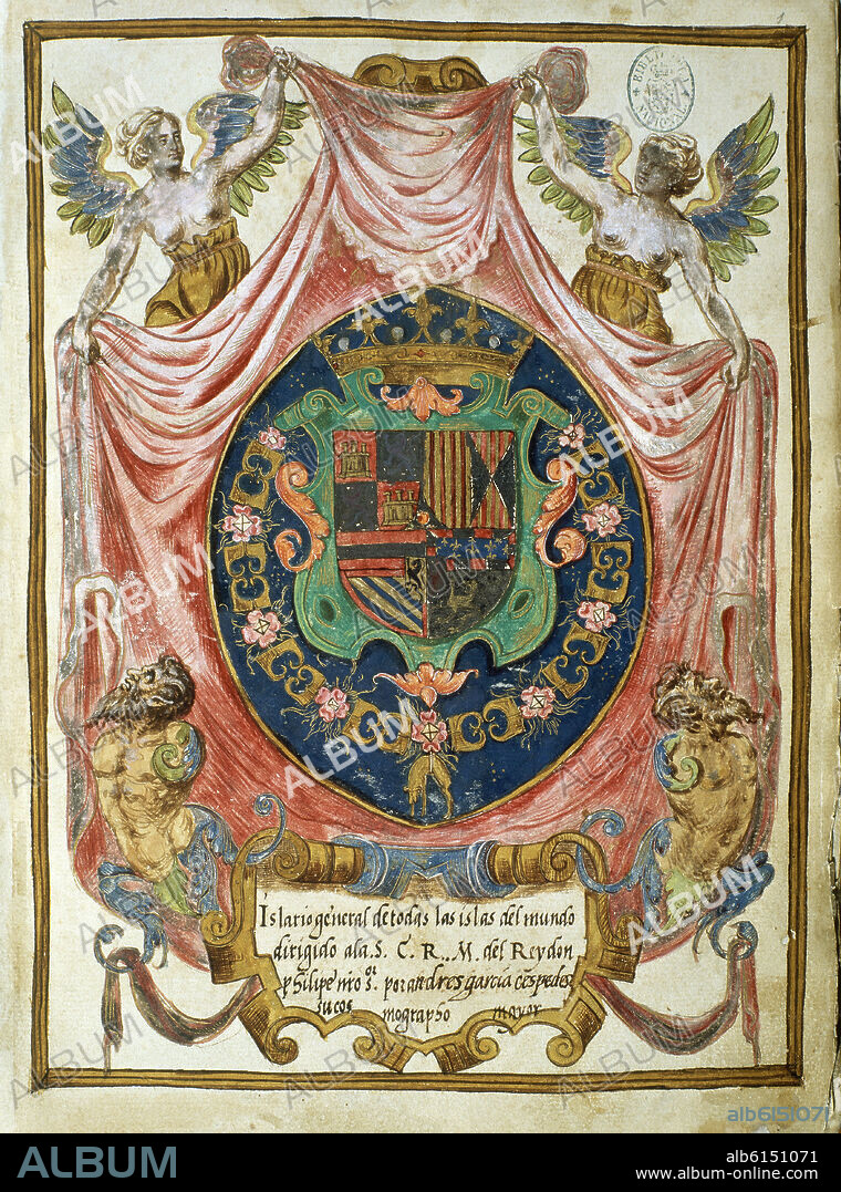 ALONSO SANTA CRUZ (1505-1572). ISLARIO GENERAL DE TODAS LAS ISLAS DEL MUNDO-PORTADA DE ANDRES GARCIA CESPEDES - SIGLO XVI.