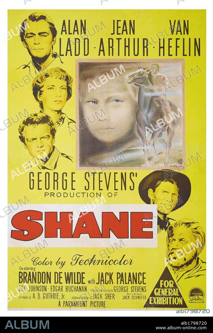 Poster of SHANE, 1953, directed by GEORGE STEVENS. Copyright PARAMOUNT PICTURES.