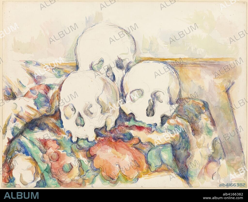 PAUL CEZANNE. The Three Skulls. Paul Cézanne; French, 1839-1906. Date: 1902-1906. Dimensions: 480 × 628 mm. Watercolor, with graphite and touches of gouache, on ivory wove paper. Origin: France.