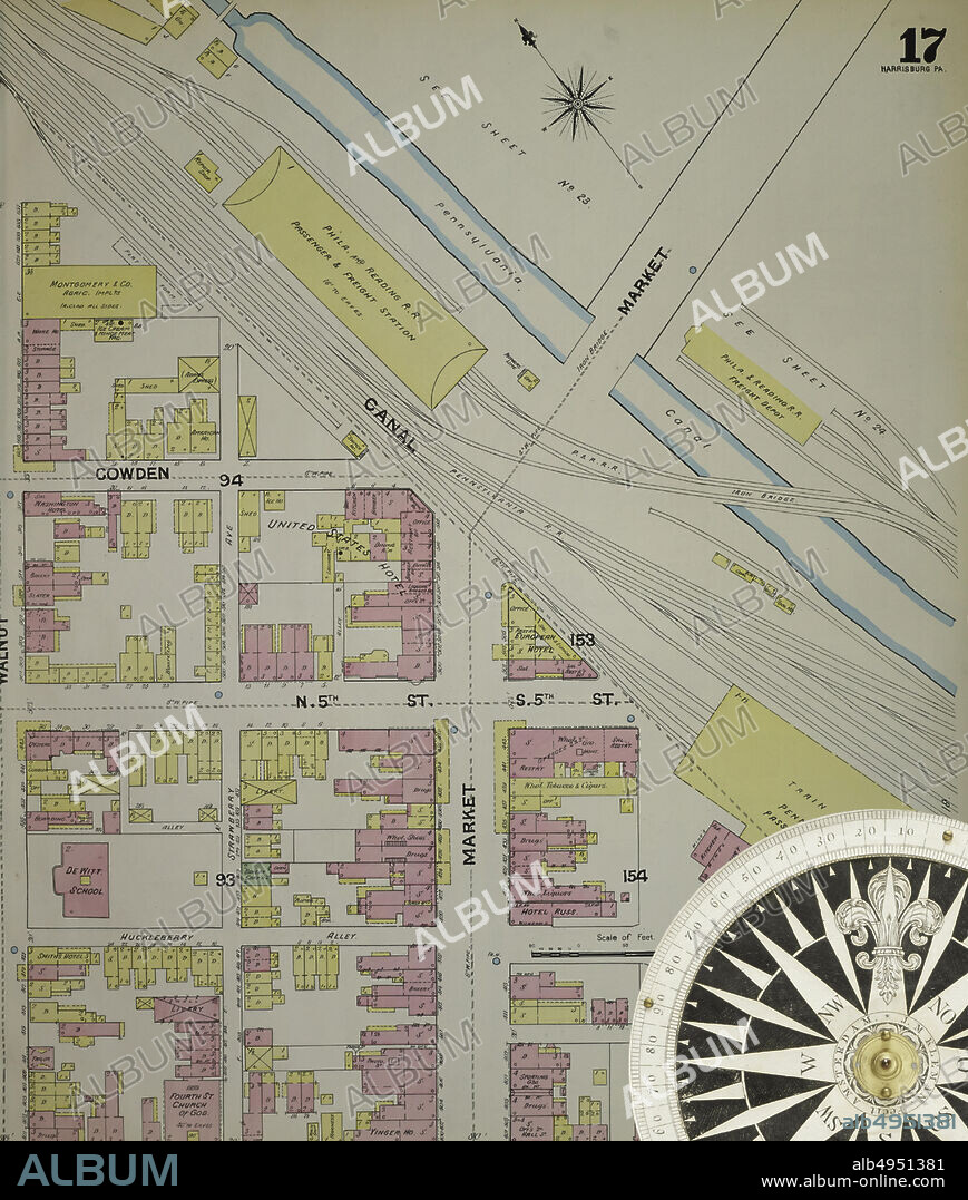 Image 17 of Sanborn Fire Insurance Map from Harrisburg, Dauphin County, Pennsylvania. 1890. 42 Sheet(s). Bound, America, street map with a Nineteenth Century compass.