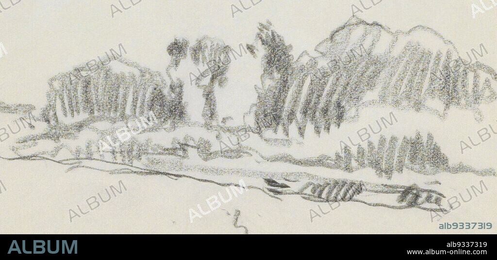 Sheet 36 recto from a sketchbook with 91 sheets, Trees and a rowing boat on a waterfront, Alexander Shilling, c. 1909 - c. 1910.