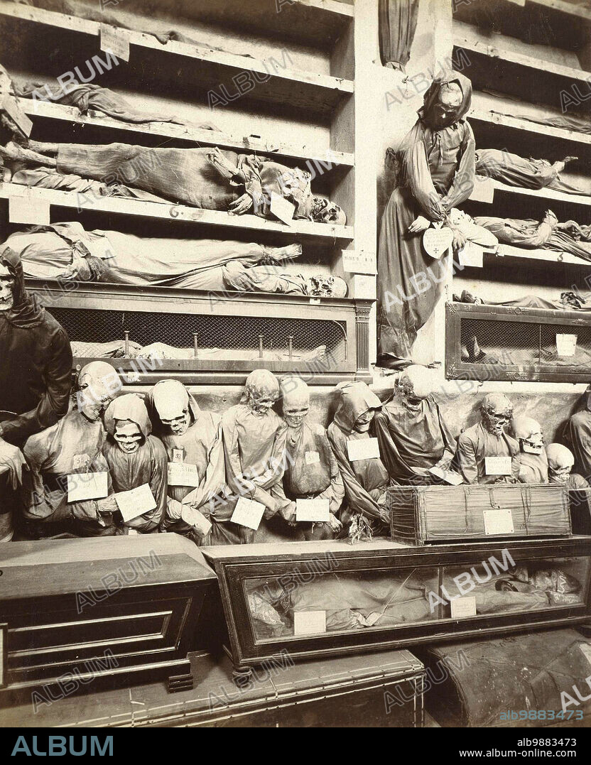 The Capuchin Crypt of Palermo, Le Catacombe dei Cappuccini, extensive crypt complex under the Capuchin monastery in Palermo and with its natural mummies one of the most famous burial grounds in the world, c. 1870, Italy, Historic, digitally restored reproduction from a 19th century original.