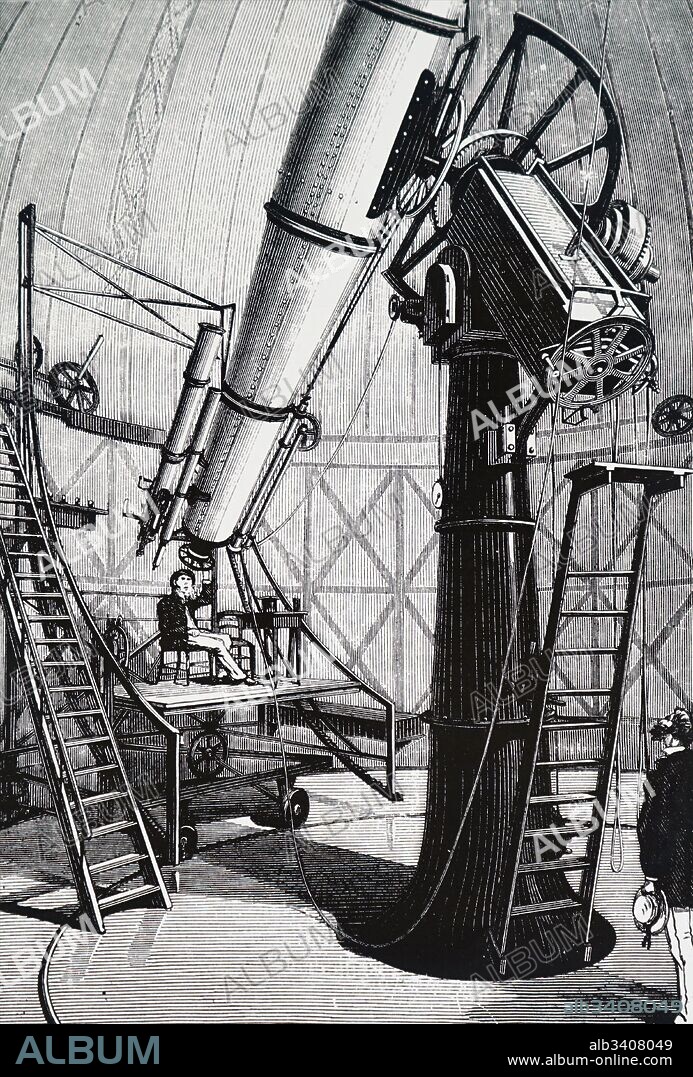 Engraving depicting Robert Stirling Newall's 25 - inch refractor on a 'German' equatorial mounting. Robert Stirling Newall (1812-1889) a Scottish engineer and astronomer. Dated 19th Century.