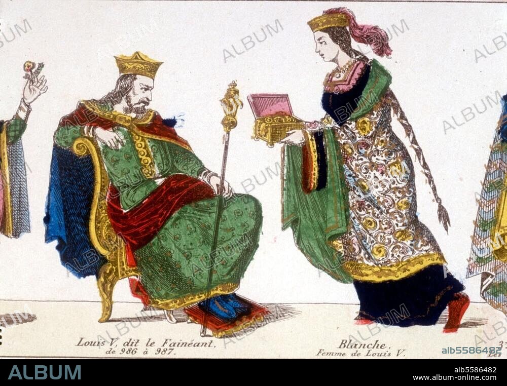 Louis V le Fainéant, roi de France. (986-987), avec lui finit la dynastie des Carolingiens de France ; 967-987. - "Louis V, dit le Fainéant, de 986 à 987." / "Blanche, Femme de Louis V." - Gravure sur bois, coloriée, vers 1850, livre d'images (Gangel), détail. Coll. particulière, France.