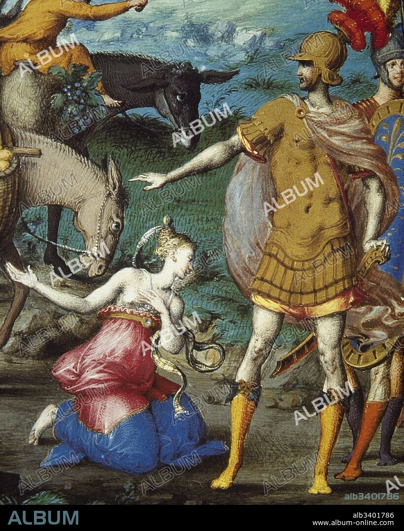 Antiguo Testamento. Abigaíl, esposa de Nabal primero y tercera esposa del rey David. "Anigaíl tras negar su esposo la ayuda al rey David, intenta evitar la venganza del rey con su prudencia. " Miniatura del siglo XV. Museo Condé. Castillo de Chantilly. Francia.