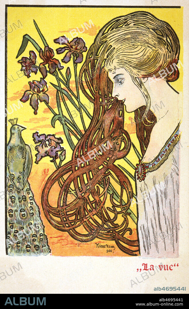 'La vue' : une jeune femme regarde un paon. Serie de cartes postales sur les cinq sens. Dessin de KIESZ-KOW vers 1900. Credit : Collection KHARBINE-TAPABOR.
