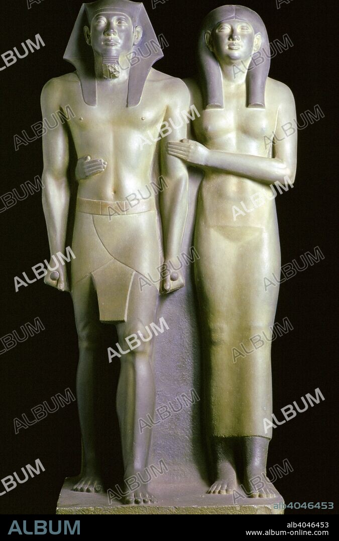 Statue of the Pharaoh Menkaure and his queen, Khamerernebty II. Menkaure (Mycerinus) was a Pharaoh of the 4th dynasty of Ancient Egypt. He succeeded Khafre and ruled in the late 26th century BC. He was buried in the smallest of the three Pyramids of Giza.