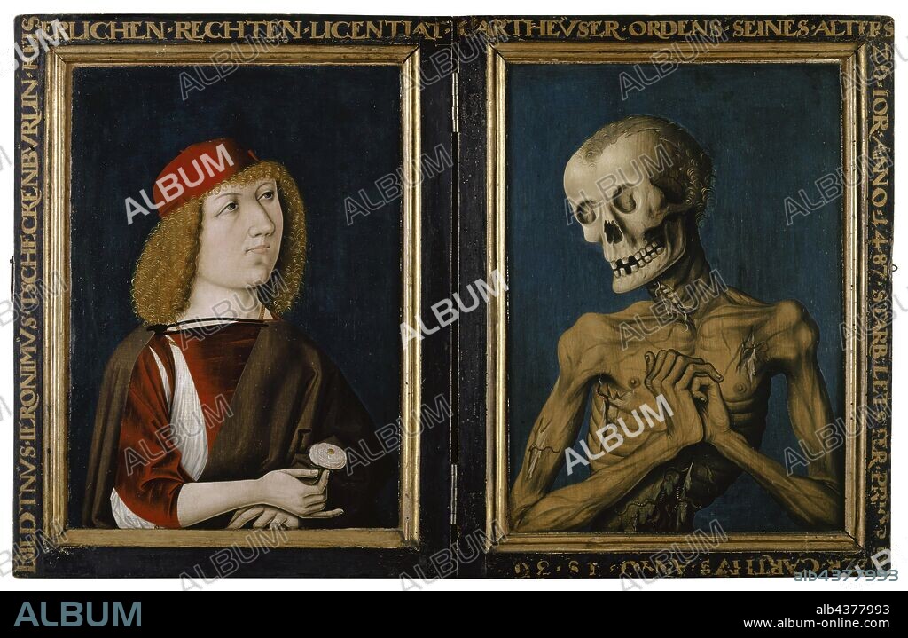 Diptych: Hieronymus Tscheckenbürlin and Death, 1487, mixed technique on lime wood, left panel: 40 x 28 cm (with frame: 48.5 x 38 cm) |, right panel: 40.5 x 29 cm (with frame: 48.5 x 37.5 cm), Not marked, Oberrheinischer Meister, 15. Jh.