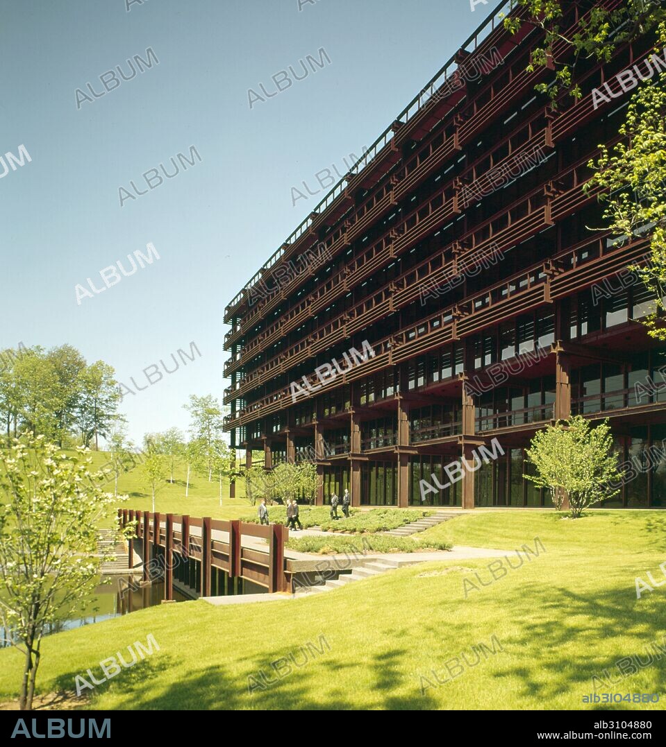 Colour photograph of Deere & Company Headquarters, Moline, Illinois. Designed by the Finnish architect Eero Saarinen and completed by Kevin Roche. Photographed by Balthazar Korab (1926-2013) Hungarian photographer based in America. Dated 1964.