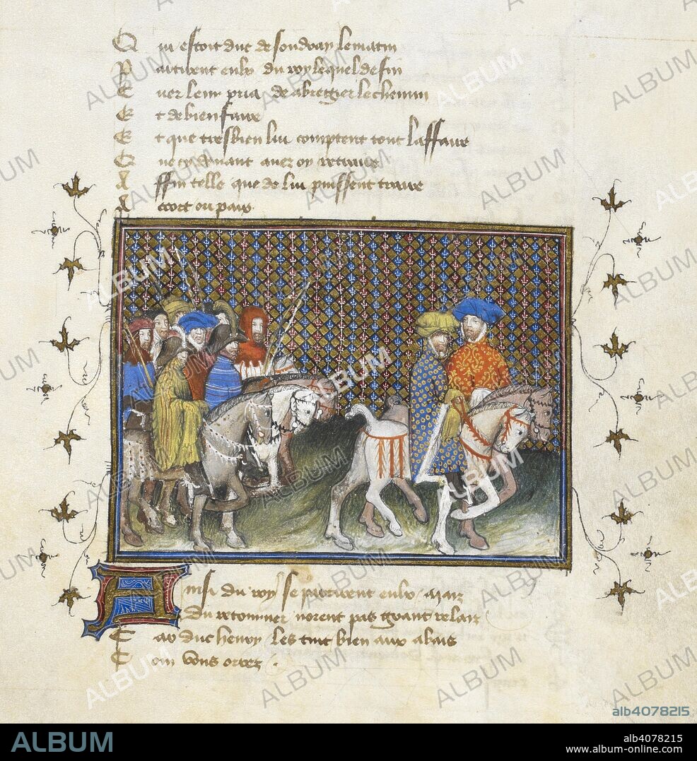 JEAN CRETON and THE VIRGIL MASTER. The Dukes of Exeter and Salisbury, sent to confer about the differences between Richard and other nobles. La Prinse et mort du roy Richart (Book of the Capture and Death of King Richard II). France, Central (Paris). c. 1401 - c. 1405. Source: Harley 1319 f.25. Language: French.