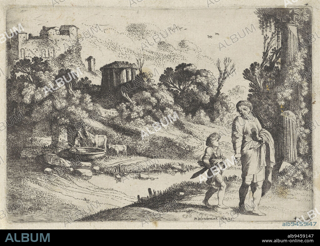 In a landscape with a classical temple, Abraham looks down on his son Isaac. Isaac carries firewood under his arm. In the background, a shepherd with a goat and a donkey near a fountain, Abraham and Isaac on their way to the place of sacrifice., print maker: Moyses van Wtenbrouck, (mentioned on object), The Hague, 1620, paper, etching, h 130 mm × w 185 mm.