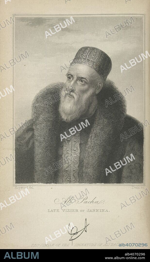 Ali Pacha, late Vizier of Jannina. The Life of Ali Pasha, of Tepeleni, Vizier of Epir. Thomas Tegg: London, 1837. Ali Pasha, surnamed Arslan, also known as the Lion of Janina. Referred to as the 'Mohammedan Bonaparte'. (c.1741-1822). Portrait. Born in Tepeleni, Albania. A former brigand, he maintained a court and negotiated with both Great Britain and France. Deposed and put to death.  Image taken from The Life of Ali Pasha, of Tepeleni, Vizier of Epirus: surnamed Aslan, or the Lion. [With a portrait.].  Originally published/produced in Thomas Tegg: London, 1837. . Source: 12200.gg.15.(1), frontispiece. Language: English.