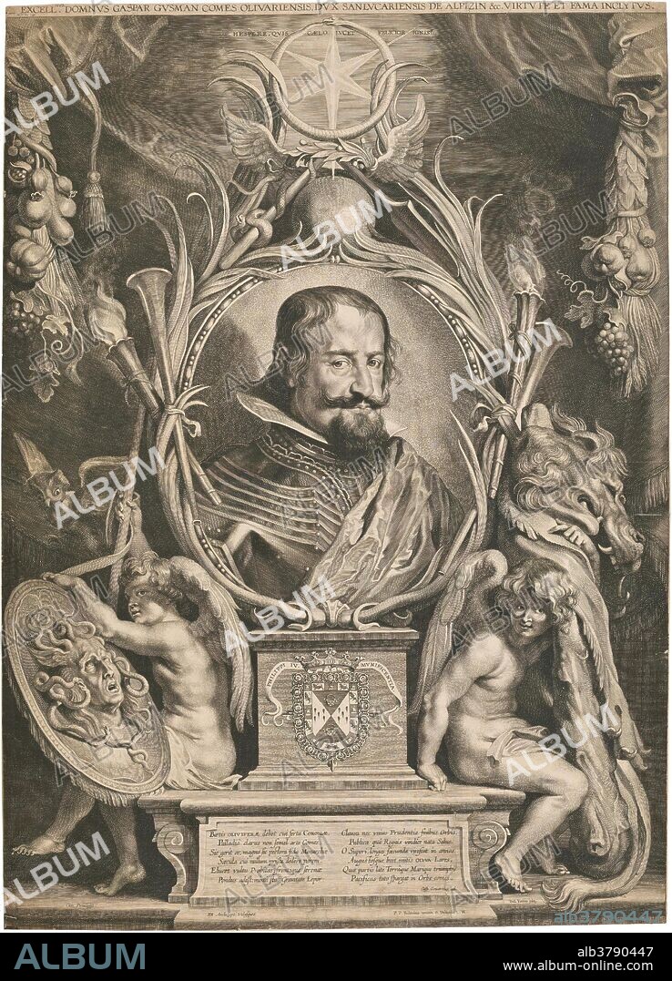 PETER PAUL RUBENS y PAULUS PONTIUS. Paul Pontius (Grabador) (Autor de la obra original Velázquez, Diego Rodríguez de Silva y); Pedro Pablo Rubens (Inventor) / 'Retrato alegórico del conde-duque de Olivares'. 1626. Talla dulce: aguafuerte y buril sobre papel verjurado, 615 x 445 mm.