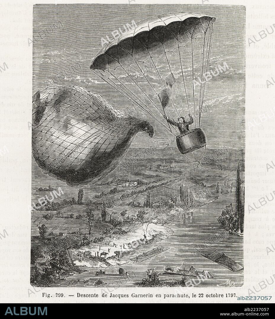 Jacques Garnerin descends by parachute from a released balloon, October 1797. Woodblock engraving by Mes after SKI from Louis Figuier's "Les Merveilles de la Science: Aerostats" (Marvels of Science: Air Balloons), Furne, Jouvet et Cie, Paris, 1868.