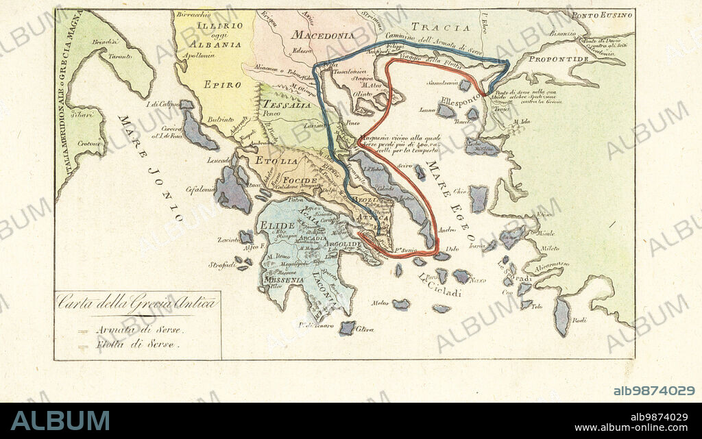 Map of Ancient Greece. Routes of King of Persia Xerxes Is army (blue) and navy (red) during its failed invasion of Greece 480BC. Carta della Grecia Antica. Handcoloured copperplate engraving from Giulio Ferrarios Costumes Ancient and Modern of the Peoples of the World, Il Costume Antico e Moderno, Florence, 1842.