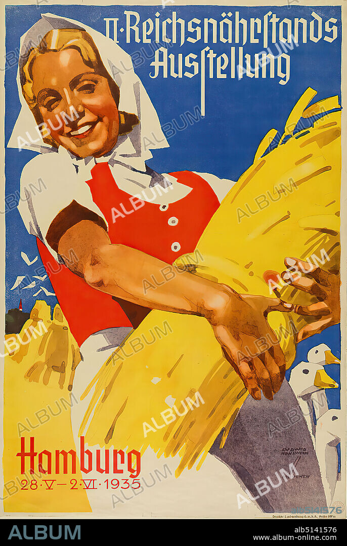 Ludwig Hohlwein, Deutsche Landwerbung GmbH, II. Reichsnährstands-Ausstellung, Hamburg 1935, paper, lithograph, total: height: 84.3 cm; width: 56.8 cm, signed: recto u. r. in print: LUDWIG HOHLWEIN, MUNICH, exhibition posters, trade fairs/exhibitions, nutrition, food, agriculture, farmer's wife, farmer's wife, harvest, cereal, grain, corn, geese.