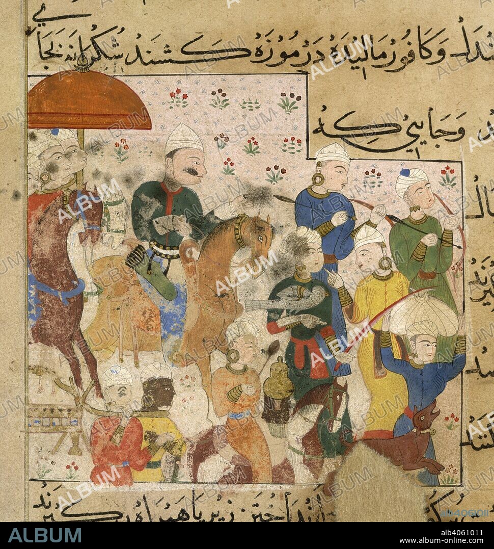 Hunting. The Ni'matnama-i Nasir al-Din Shah. A manuscript o. 1495 - 1505. Sultan Ghiyath al-Din going out hunting with the necessities. Ghiyath Shahi on a hunting expedition escorted by his throne bearers, arms bearers, falconer and mounted attendants. The horses are reminiscent of the raw-boned animals seen in Shiraz paintings of the 1430s. This section is concerned with advice for provisions and tactics used when hunting. Opaque watercolour. Sultanate style.  Image taken from The Ni'matnama-i Nasir al-Din Shah. A manuscript on Indian cookery and the preparation of sweetmeats, spices etc.  Originally published/produced in 1495 - 1505. . Source: I.O. ISLAMIC 149, f.157v. Language: Persian.