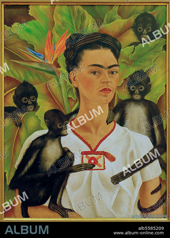 FRIDA KAHLO. Kahlo, Frida ; peintre mexicaine ; Mexico 6.7.1907 - 13.7. 1954 "Autoportrait avec singes", 1943. Huile sur toile, H. 0,815 ; L. 0,63. Collection Jacques et Natasha Gelman.