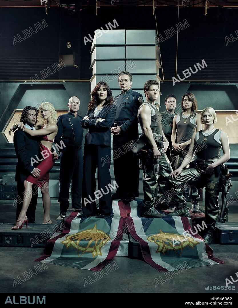 EDWARD JAMES OLMOS, GRACE PARK, JAMES CALLIS, JAMIE BAMBER, KATEE SACKHOFF, MARY McDONNELL and TRICIA HELFER in BATTLESTAR GALACTICA, 2004, directed by MICHAEL RYMER. Copyright SCI-FI CHANNEL.