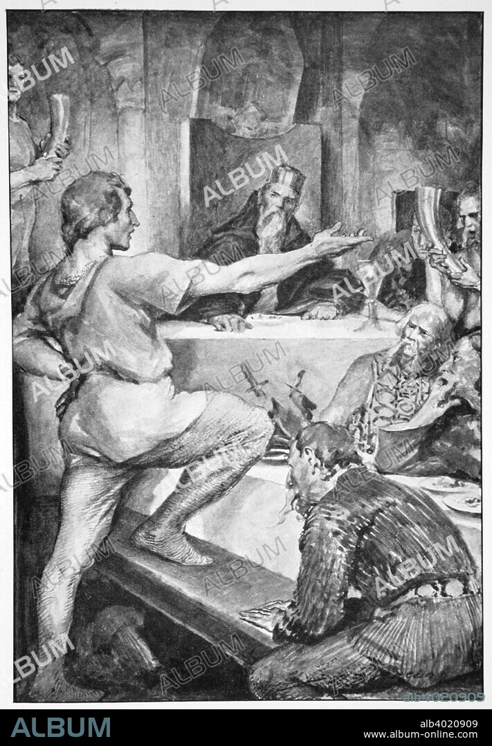 'Beowulf replies haughtily to Hunferth', 1910. A print from Hero Myths and Legends of the British Race by MI Ebbutt, 1910.