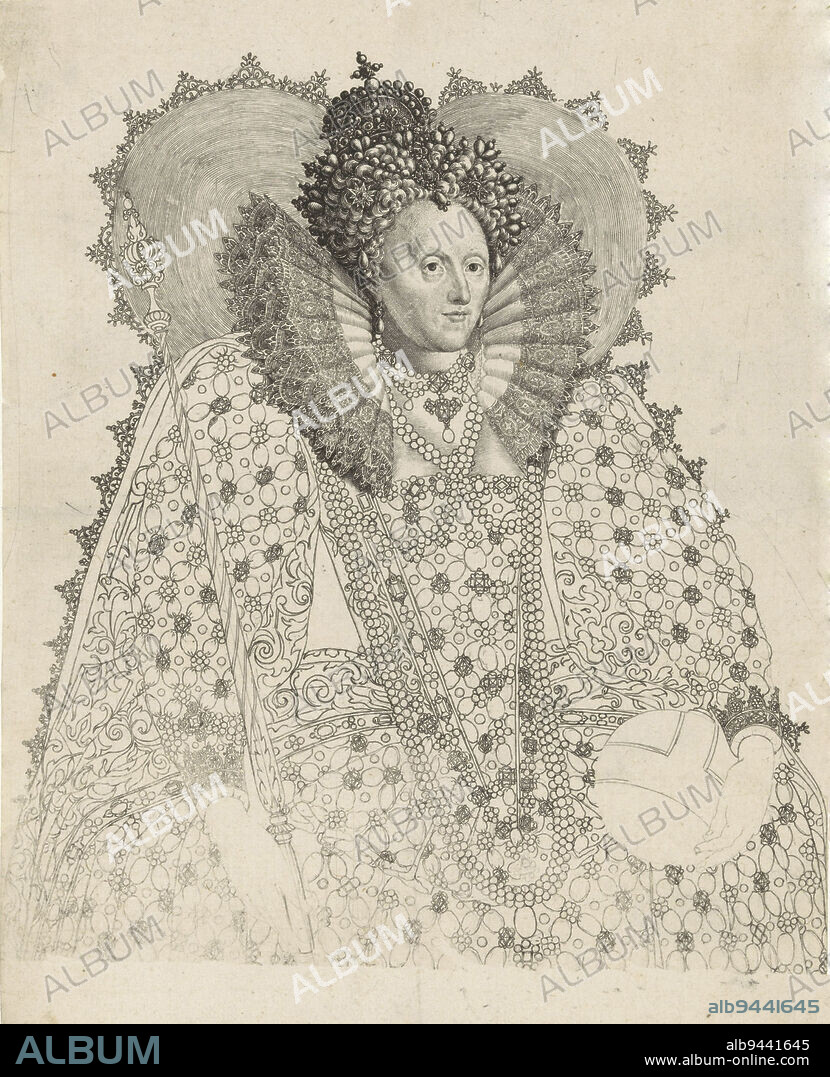 Portrait of Elizabeth I Tudor, Queen of England, print maker: Crispijn van de Passe (I), Isaac Oliver, unknown, after 1603 - 1637, paper, engraving, h 193 mm × w 155 mm.
