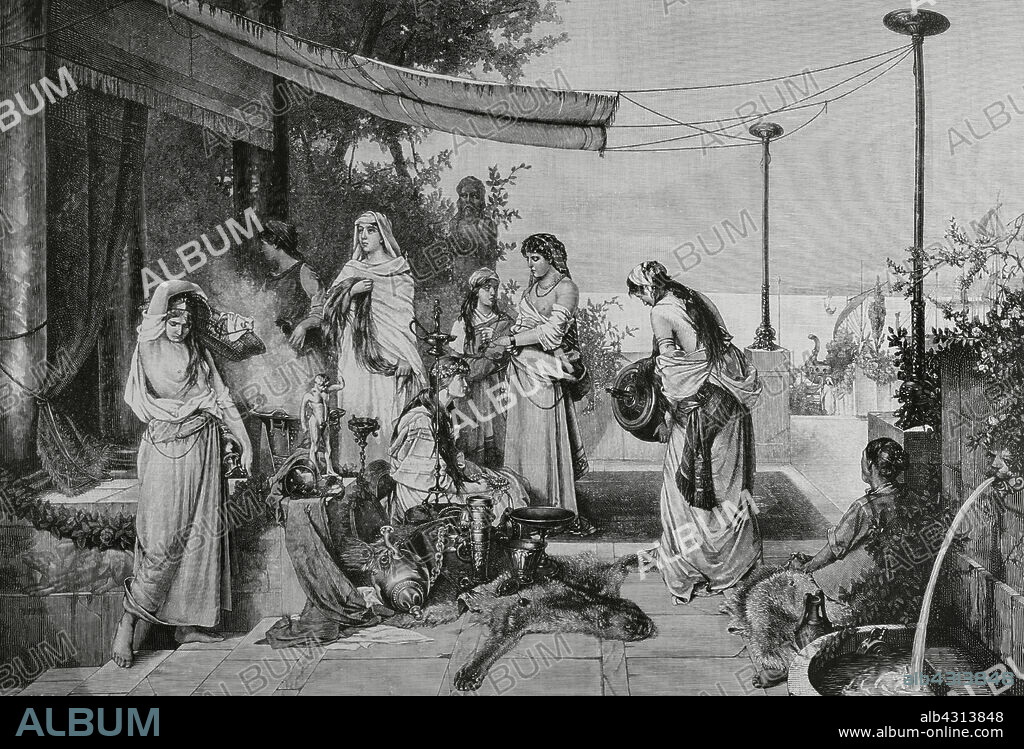 RICHARD BREND'AMOUR (1831-1915). GERMAN WOOD-ENGRAVER.. Women of Carthage. Engraving by R. Brendamour after a painting by Richard Linderum (1851-1926). It depicts a patriotic episode of the Third Punic War (149-146 BC), the last confrontation between the Carthage and Rome. The Carthaginian women deposit their jewellery, their treasures and even their hair (the object of the highest esteem of the Carthaginians) on the altar of the homeland in order to buy swords and spears and fight the invaders. La Ilustración Española y Americana (The Spanish and American Illustration), May 22, 1884.