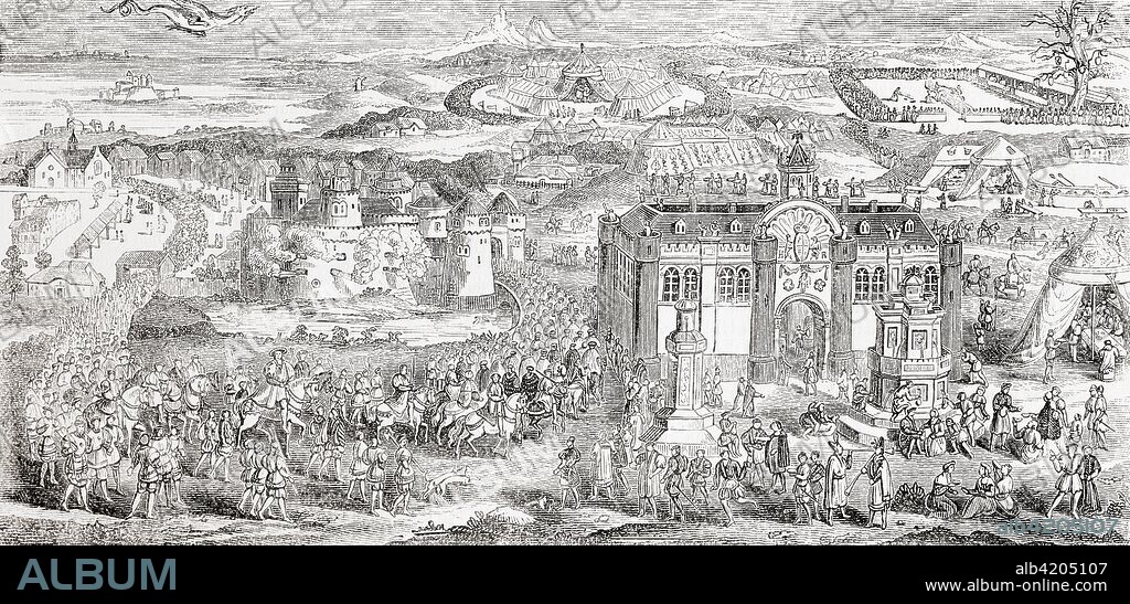 The Field of the Cloth of Gold. A meeting in 1520, between Henry VIII of England and Francis I of France, arranged to increase the bond of friendship between the two kings following the Anglo-French treaty of 1514.   From Old England: A Pictorial Museum, published 1847.