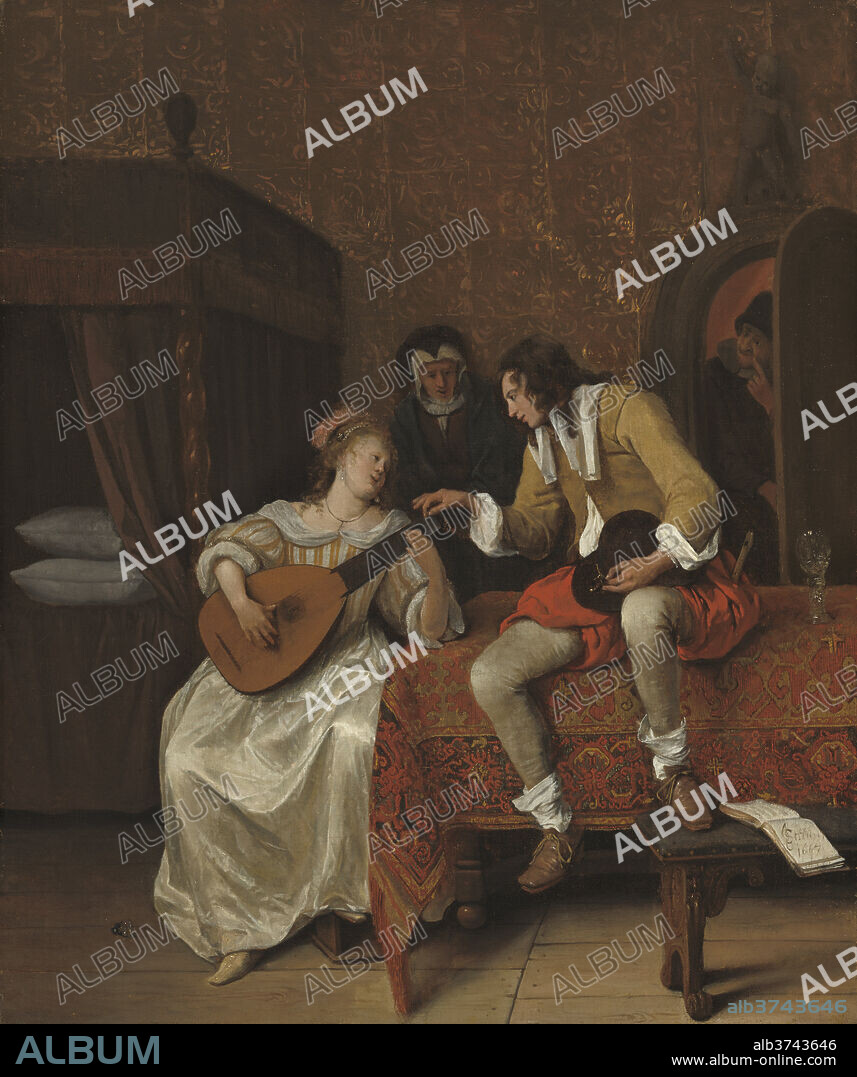 JAN STEEN. Ascagnes and Lucelle (The Music Lesson). Dated: 1667. Dimensions: overall: 63 × 53.7 cm (24 13/16 × 21 1/8 in.)  framed: 86.04 × 75.57 × 10.16 cm (33 7/8 × 29 3/4 × 4 in.). Medium: oil on canvas.