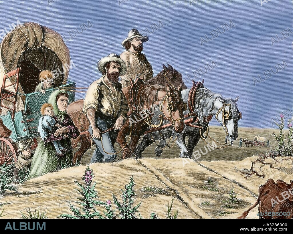 HISTORIA DE LOS ESTADOS UNIDOS. SIGLO XIX. FAMILIA DE COLONOS DESPLAZANDOSE DE ARKANSAS A TEXAS EN EL AÑO 1870. El transporte en carretas era la manera más usual de viajar, incluso después de completar la línea férrea transcontinental. Grabado del "Harper's Weekly", año 1874. Coloreado.