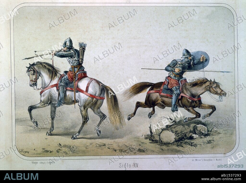 Edad Media. Ballestero y Jinete con lanza. Edad Media. Dibujo de Villegas. Lámina número 10 del ALBUM DE LA CABALLERIA ESPAÑOLA del Teniente General Conde de Clonard. Litografía Militar, Madrid, año 1861.